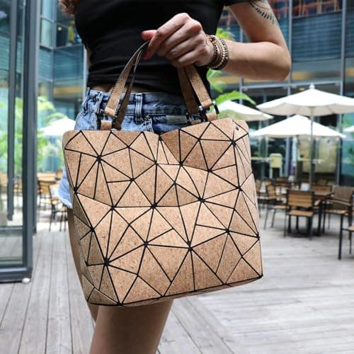 Geometric Tote Bag - Cork Handbag Top Handle Shoulder Summer Beach Bag — view 2