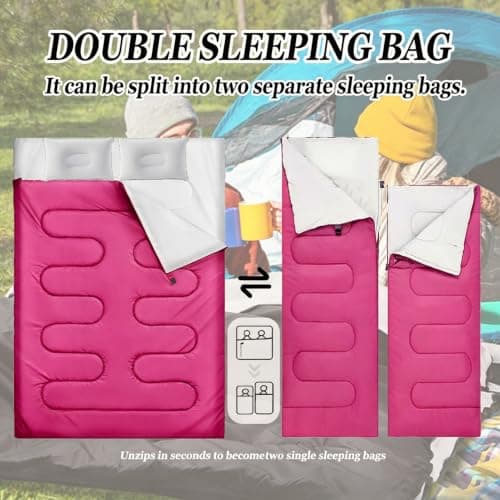 Sleeping Bag, Double Sleeping Bag with 2 Pillows Extra Large 3-4 Season Lightweight, Waterproof Indoor & Outdoor Use for Adults for Hiking, Backpacking and Camping Travel (Rose red Double) — view 3
