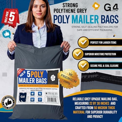 G4GADGET 5 Large Grey Postal Bags 22x30 Inch [559mm x 762mm] – Durable Self-Seal Packaging Bags for Vinted, Parcel Delivery, Clothes Mailing & Shipping — view 2