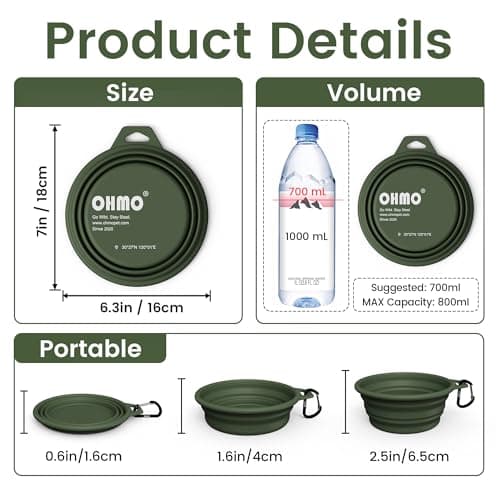 OHMO Large Collapsible Dog Bowl with Steel Ring, 800ml, Camo Green — view 2
