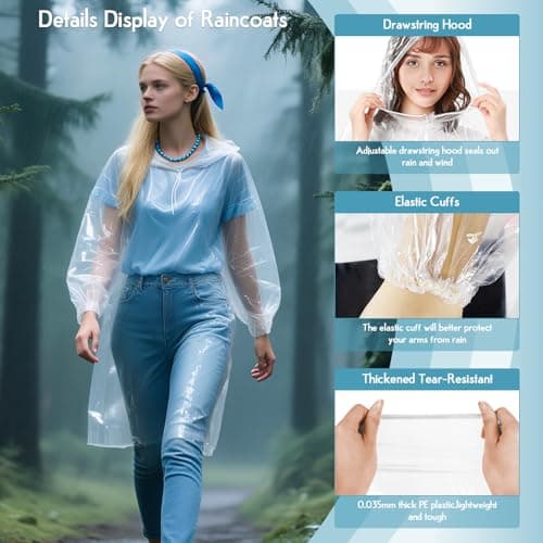 TIECHI Disposable Rain Poncho - Emergency Raincoats Poncho Waterproof Adult Rain Coats With Hood and Sleeves Ideal for Outdoor, Fishing, Camping — view 5