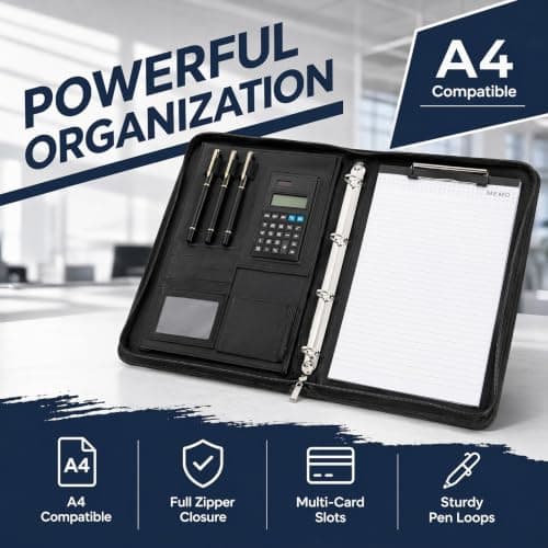 EVERGOODS Leather Portfolio Folder A4, Vegan Leather 4-Ring Conference Folder Includes and Pen Multi-Pocket Travel Document Holder Folder Organiser Office Supplies — view 2
