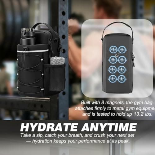IAGOM Magnetic Gym Bag 3-Piece Set with Water Bottle & Towel - 8 Strong Magnets Fitness Pouch for Racks & Equipment, Upgraded Wide Comfort Shoulder Strap, Workout Essentials Bag for Men & Women — view 3