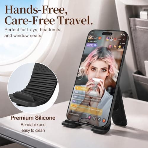 Airplane Phone Holder, Flexible Silicone Cell Phone Stand with Suction Cups & Charging Cutout, Bendable Foldable Portable Travel Essentials for Desk Bed Treadmill, All Phones Tablets, Black 1 Pack — view 2