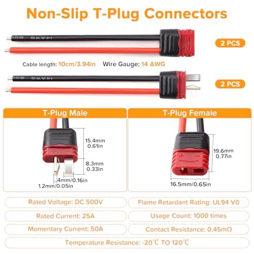 Lyeteung 2 Pairs Non-Slip T-Plug Connectors, Deans T Male Female Plug Connectors Adapter with Sheath Housing and 100mm 14 AWG Silicon Wire, for RC Lipo Battery — view 2