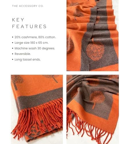 Cashmere Tree Life Blanket - Reversible Pashmina Shawl, Winter Wrap, Warm Scarf, Tree of Life Print Ladies Scarf, Womens Gifts (Orange) — view 4