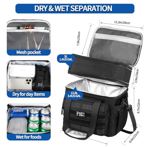 PARTI FISH Cooler bag Lunch Bag 5-Layers Strong Insulated Cool Bag for Men 15-18L 2-Decks Large Expandable Water-Leak-proof Anti-slip-fall Tote Shoulder Lunch Kit Travel Golf Wine Work, Tactical Black — view 3