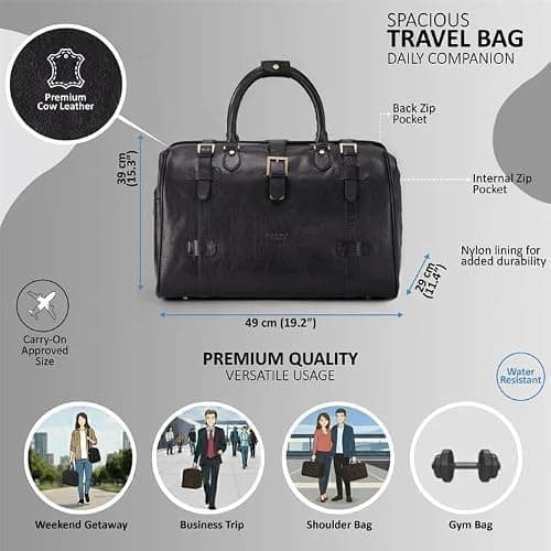 Genuine Leather Duffle Bag Weekender Large Travel Holdall - Black 49 x 39 x 29 cm — view 3