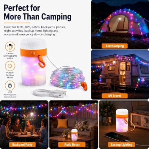 EXETROL Camping String Lights, 4-in-1 Rechargeable Camping Lantern with 10m RGB Lights, Magnetic Base, Hanging Hook and USB Power Bank for Tent, Garden, Patio, Party and Emergency Use — view 5