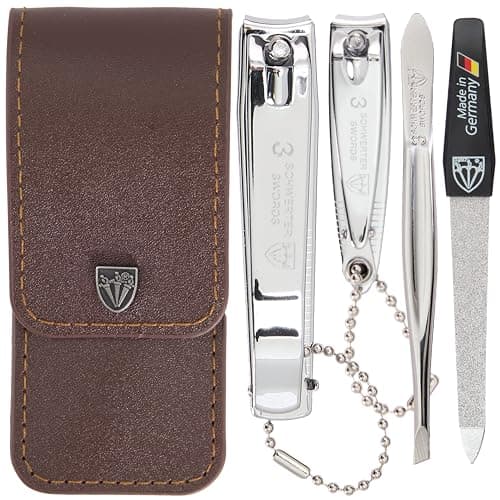 3 Swords Germany - manicure set with finger and toe nail clipper tweezers and nail file in brown synthetic leather case - brand quality