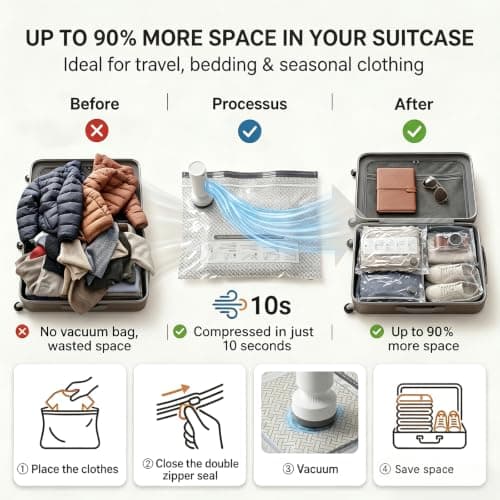 Vacuum Bags for Clothes with 60000Pa Electric Pump, Pack of 18 (6 x 40 x 50 cm, 6 x 40 x 60 cm, 6 x 50 x 70 cm), Extra Thick Vacuum Bags Travel Suitcase Hand Luggage Space Saver Bags Moving Wardrobe — view 6