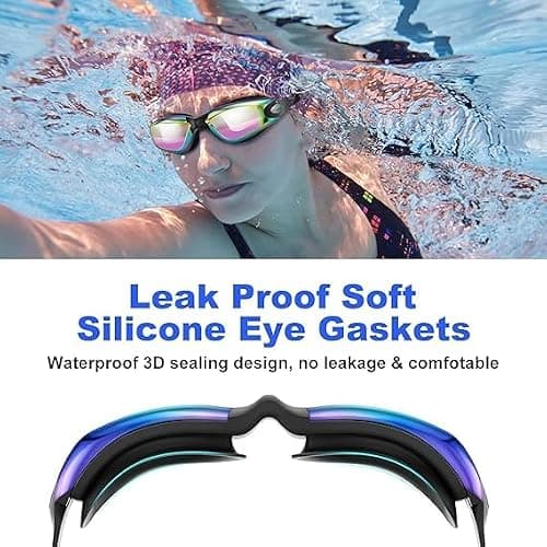 Swimming Goggles, 2 Pack Goggles Swimming Adult with Nose Clip & Earplugs Anti Fog No Leaking Clear Vision for Adult Women Swimming Pool — view 3