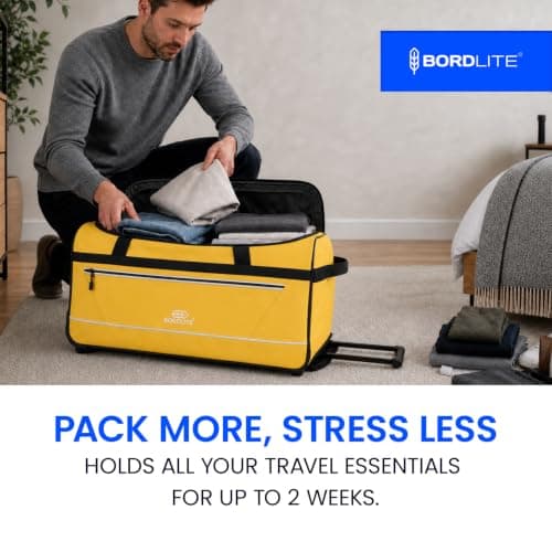 Bordlite 105L Extra Large Travel Bag on Wheels – 30 Inch Water-Resistant Tarp Holdall with 3 Smooth Wheels, Pull Handle & Quick-Access Pocket – Holiday and Storage Luggage, 77x38x36cm, Yellow — view 6