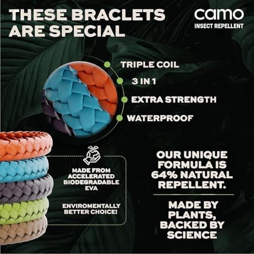 Camo Insect Repellent Anti Insect Bands, 12 Leather Adjustable Bracelets, Superior Strength UK Made Formulation, 250 Hrs of Natural Protection, Deet Free — view 4