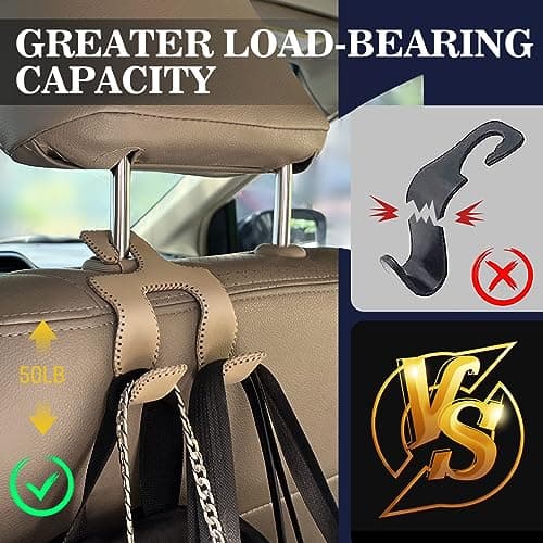TISOHUGO Upgraded Headrest Hooks for Purses and Bags, 2 in 1 Car Back Seat Head Rest Hanger Matching Cars Interior Genuine Leather Vehicle Storage Holder Hook, 1 Pack, Black — view 5