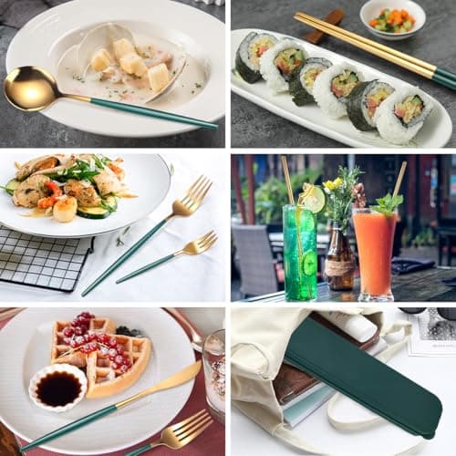 AARAINBOW Stainless Steel Flatware Set for 1, 8 Pieces Utensils Set for Lunch Box, Portable Fork Knife Spoon Set with Case, Reusable Cutlery Set Travel Utensils Set (Green Golden) — view 4