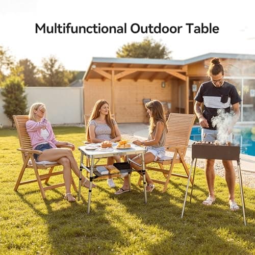 Warmiehomy Folding Camping Table, 3 Adjustable Height, Max 60cm Aluminum Picnic Table with Storage Net & Carry Handle, Portable Grill Table for Camping, Picnic, Backpacking, RV, BBQ, 60X40cm, White — view 5