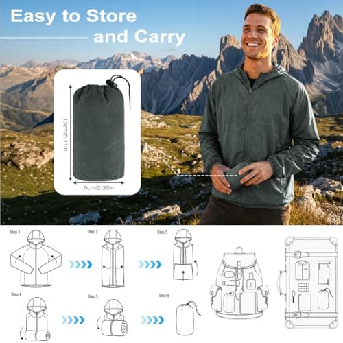 BSBUY Mens Waterproof Jackets Lightweight Rain Jacket Packable Hooded Rain Coats Fast Dry Raincoat Windproof Shell Jacket with Storage Bag Solid Color Pullover Top for Travel Running Hiking Camping — view 6