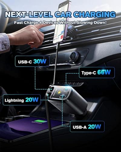 WHATOOK Retractable Car Charger Adapter: 4 in 1 Cigarette Lighter with Starry Sky LED,66W Fast USB C Mobile Phone Automobile Charger, Ford Fiesta Car Accessories Gadgets Gifts for Men Women Christmas — view 4
