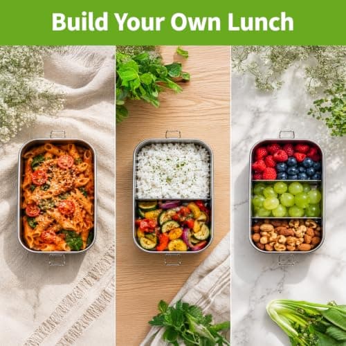 EVERGOODS Stainless Steel Lunch Box 950ml, Metal Bento Box with 2 Movable Dividers, Lightweight 0.35kg Food Storage Container Metal Lunch Box for Adults Kids, School Office Travel — view 3