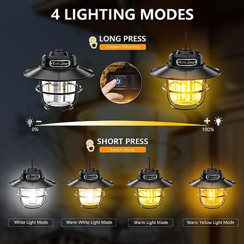 XRDZYXGS Camping Lantern, Rechargeable Retro Lights for Tents, Portable Waterproof 4 Light Modes (1300-6500K) Stepless Dimming Brightness for Hiking, Emergency, Fishing (Black) — view 6