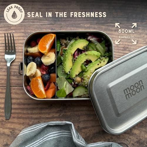 Moonmoon Stainless Steel Lunch Box (0.8L) | Leakproof Metal Bento Lunch Box with Compartments | BPA free Salad & Sandwich box for Adults & Children — view 3