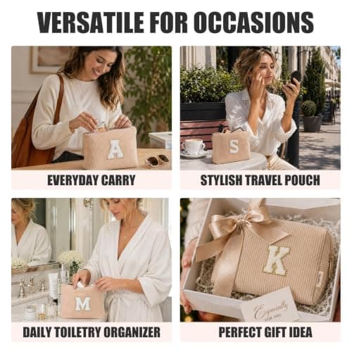 Vavabox 3Pcs Initial Makeup Bags Set Birthday Gifts for Women (A, Khaki) — view 3