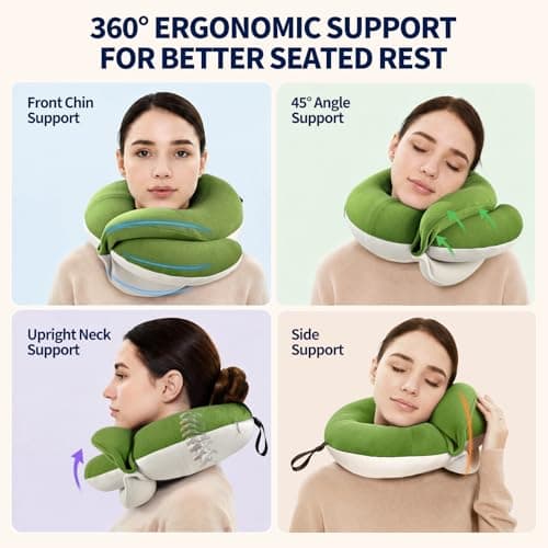 BUYUE Travel Neck Pillows for Airplanes, 360° Head Support Sleep for Long Flight, Skin-Friendly & Breathable, Kit with 3D Contoured Eye Mask, Earplugs and Storage Bag (Large, Green, 90+ lbs) — view 2