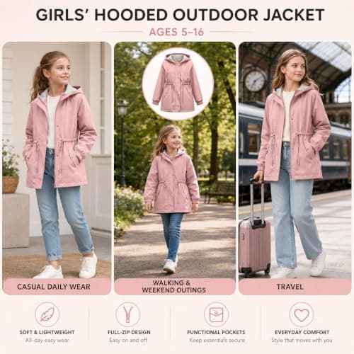 Pink Girls Waterproof Jacket Windproof Hooded Raincoat Outdoor 11 Years — view 4