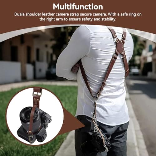 Genuine Leather Dual Camera Harness, Adjustable Double Camera Sling Strap with Soft Shoulder Pad and Safety Rings, Professional Two Camera Carrier for Wedding Event Travel Photographers — view 6