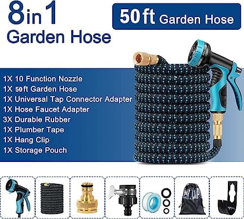 ZhiheHui Garden Hose 50FT Garden Retractable Hose w/ 3/4''，1/2 Fitting & 16mm Universal Adapter Garden Hose w/ 10 Patterns of Water Spray Guns Garden Watering Car Washing Pet Bathing etc.，Blue 50ft — view 2