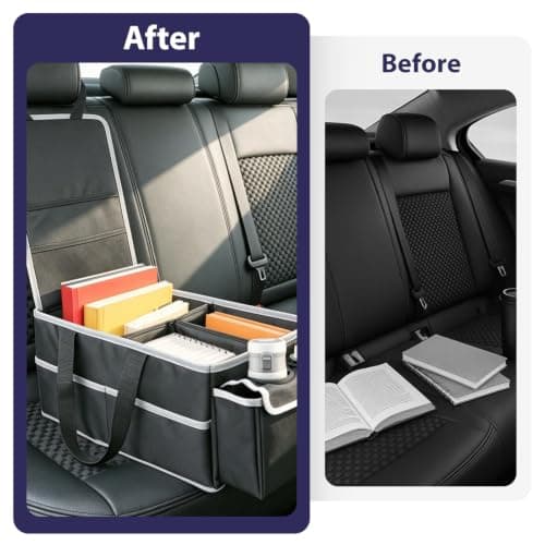 BREEZENEST Car Seat Organizer Foldable Storage Bag with Lid & Cup Holders Multi-Compartment Back Seat Organizer Durable Oxford Fabric Car Interior Accessories for SUV Truck RV Black — view 4