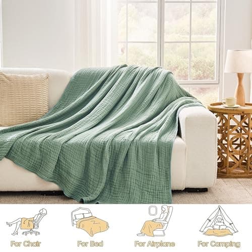 VANJOROY 100% Natural Cotton Throw Blanket, 6-Layer Muslin Organic Soft Cozy Lightweight Large Bed Throw for Sofa and Armchair - All Season Gauze Blanket,Green-130x150cm — view 6
