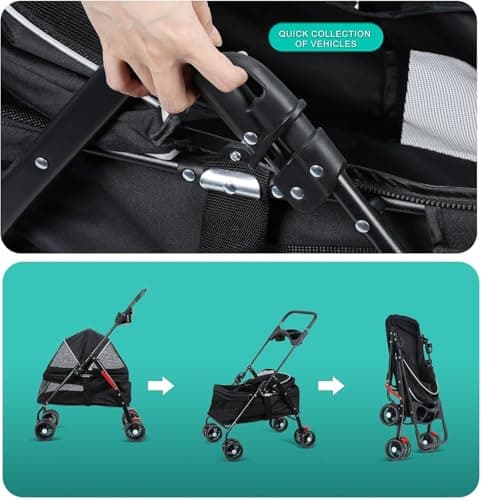 Pet Stroller, 4 Wheels Dog Buggy Cat Stroller, Outdoor Travel Pet Folding Strollers, Dog Cat Cage Strollers with Cup Holder, Breathable and Visible Mesh for Medium Small Dogs (Black) — view 3