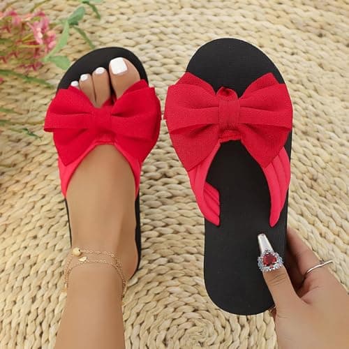 Flower Flip Flops Women Beach Slippers Size 5 Boho Open Toe Slip on Flat Sandals Summer Comfortable Yoga Mat Thong Sandals for Pool, Travel Vacation Slippers Bow Red Footwear Gift — view 3