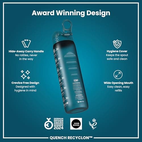 ION8 1 Litre Water Bottle with Times to Drink, Leak Proof, Flip Lid, Carry Handle, Dishwasher Safe, BPA Free, Soft Touch Contoured Grip, Ideal for Gym, Health and Fitness, 32 oz, Deep Teal — view 6