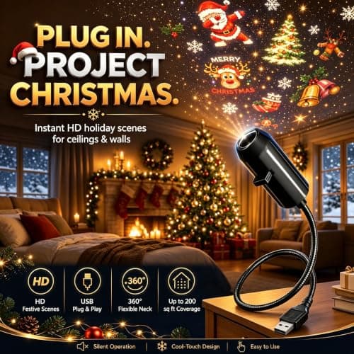 HD 5D Holographic Christmas Night Light Projector, Christmas Projector Lights, USB Plug & Play 360° Rotating Ceiling Lamp with 10 Festive Slides, Dynamic Holiday Scene for Bedroom, Living Room — view 3