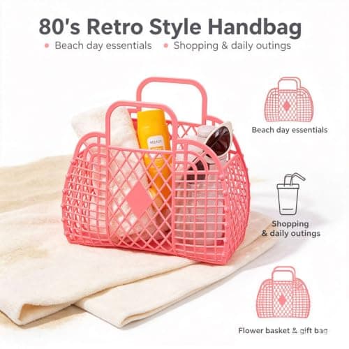 Beach Tote Bag, Women’s Plastic Tote Bag with Handle Foldable Reusable Shopping Handbags Basket Hollow Storage Basket for Halloween Xmas (250x110x220mm/9.84x4.33x8.66in) — view 3