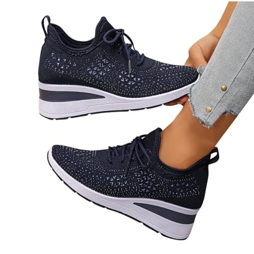 Women's Glittery Trainers Rhinestone Fashion Breathable Wedge Sneakers Athletic Slip On Walking Shoes Breathable Lightweight Sports Casual Sparkly Diamante Sneakers Ladies Platform Shoes Dark Blue — view 5