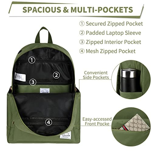 VASCHY School Backpack, Unisex Slim Lightweight Water-resistant Minimalist Backpack for Men Women College Schoolbag Travel Bookbag Green — view 3