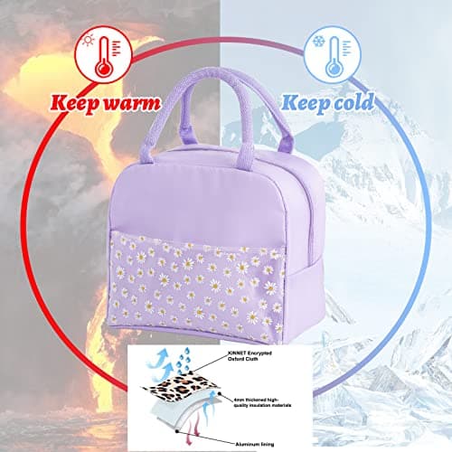 OTKARXUS Insulated Lunch Bag for Women,Portable Waterproof Lunch Box Cooler Bag with Daisy Pattern Transparent Pocket,Lunch Bag for Adults Girls Kids School Work Picnic Travel (A Purple) — view 3