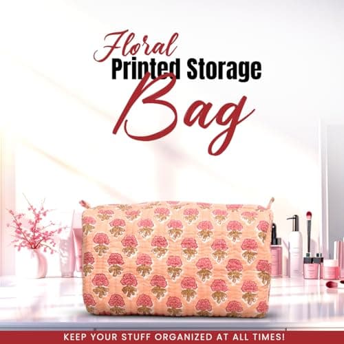 BLOCK N STYLE Cotton Toiletry Bag, Floral Print Travel Organiser, Orange, 23.5 x 17.5 x 11.4 cm — view 2
