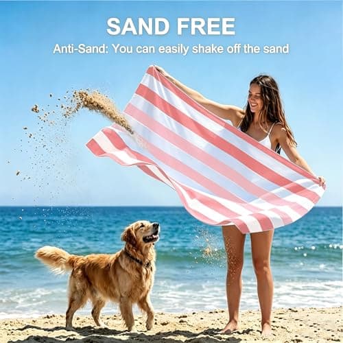 HEYDIUDIU Oversized 35x70 Inch Striped Beach Blanket Set, Quick Dry Sand-Free Microfiber Beach Mat with Matching Towel, Lightweight and Sand Free Mat for Beach and Camping Outdoor Use (Pink) — view 5