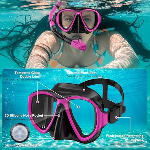 Snorkeling Gear for Adults,3 in 1 Snorkel Set with Panoramic View Diving Mask Anti-Fog Anti-Leak,Dry Top Snorkel,Fins and Travel Bag for Swimming,Snorkeling and Travel Diving — view 2