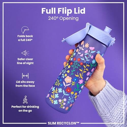Ion8 Water Bottle, 500ml/18oz, Slim Leak Proof & BPA-Free Drinking Bottle, Secure Lock Prevents Spills, Dishwasher Safe, Carry Handle, Ideal for Adults & Kids - Travel, Gym & School, Ditsy Floral — view 4