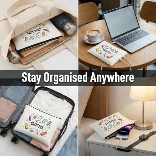 Charger Bag for Travel, White Synthetic Leather Zip Cable Organiser — view 6