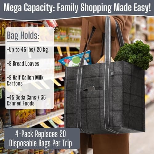VENO 4 Pack Reusable Grocery Shopping Bag w/Hard Bottom for Trolley Cart, Heavy Duty Tote Bag for Life w/Front Pocket, Beach Bag, Multi-Purpose Water-Resistant(Windowpane, 4 Pack) — view 5