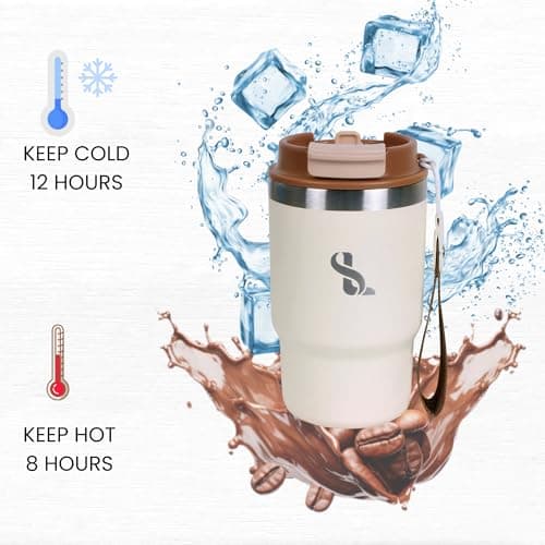 SimplyLivin Insulated Coffee Cup Travel Mug 480ml 16oz | Tumbler Flask with Straw & Spout Lid | Leakproof | 8H Hot 12H Cold | Reusable Coffee Cup | Stainless Steel Tumbler | Gift | Classic Beige — view 5