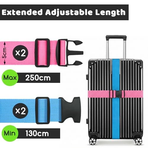 WISYOK Luggage Straps Extended, 4 Pack, 130-250cm Adjustable, Pink SkyBlue — view 2