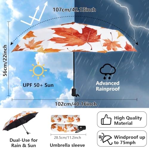 MAYJOYDIY Maple Leaves Automatic Folding Umbrella Autumn Fall Leaves Portable Travel Umbrella 42 Inch Vivid Leaf Automatic Open Close Umbrellas for Daily Use Travel Outdoor Activities — view 3